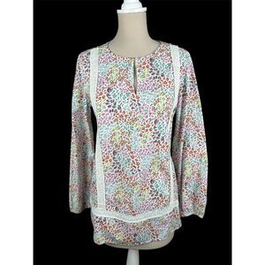 Lands' End Floral Cotton Blouse White Eyelet Trim Long Sleeve Fairy Tunic Size M